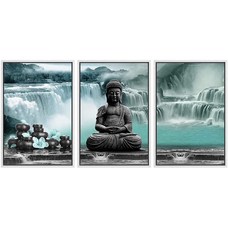 «Green Zen Waterfall Buddha», impression sur toile encadrée, Blanc, H 24 po x l 48 po
