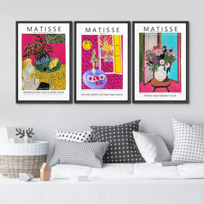 Classical Artwork Bright Red Abstract Floral Botanical Nature Matisse Artwork Framed Canvas 3 Pieces Print Wall Art