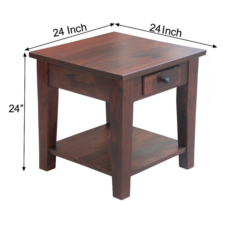 Table de bout moderne en bois massif avec tiroir et tablette inférieure Ajara