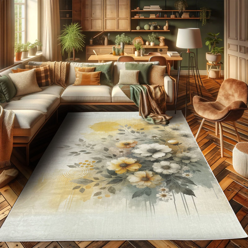 Blue and Yellow Floral Synthetic Easy Care Rectangular Rug