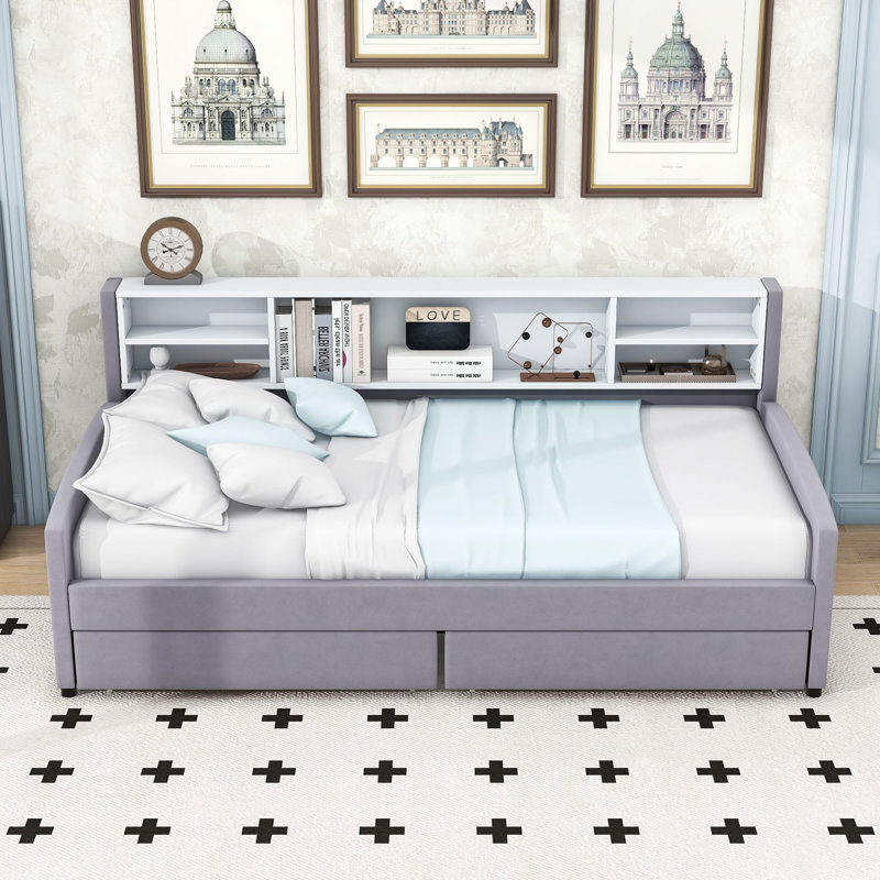 Twin Upholstered Daybed with Shelves and Drawers, Gray