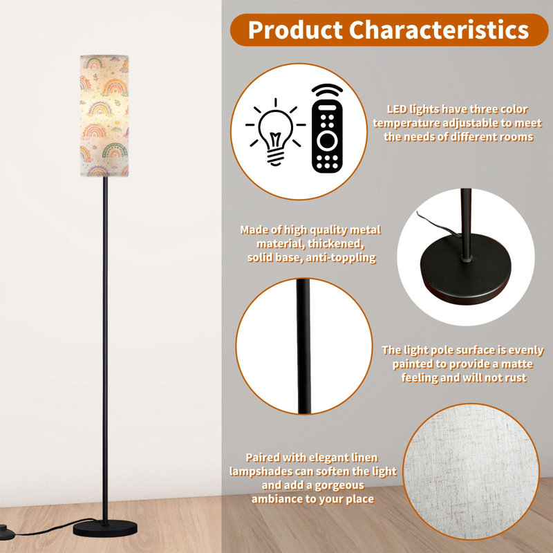 PeeNoke 68.5" Standing Floor Lamp Hand Drawn Boho Rainbows Cute Set Pastel Earthy Colors Elements Dimmable Metal Pole Lamp with Linen Lampshade LED Bulb Included