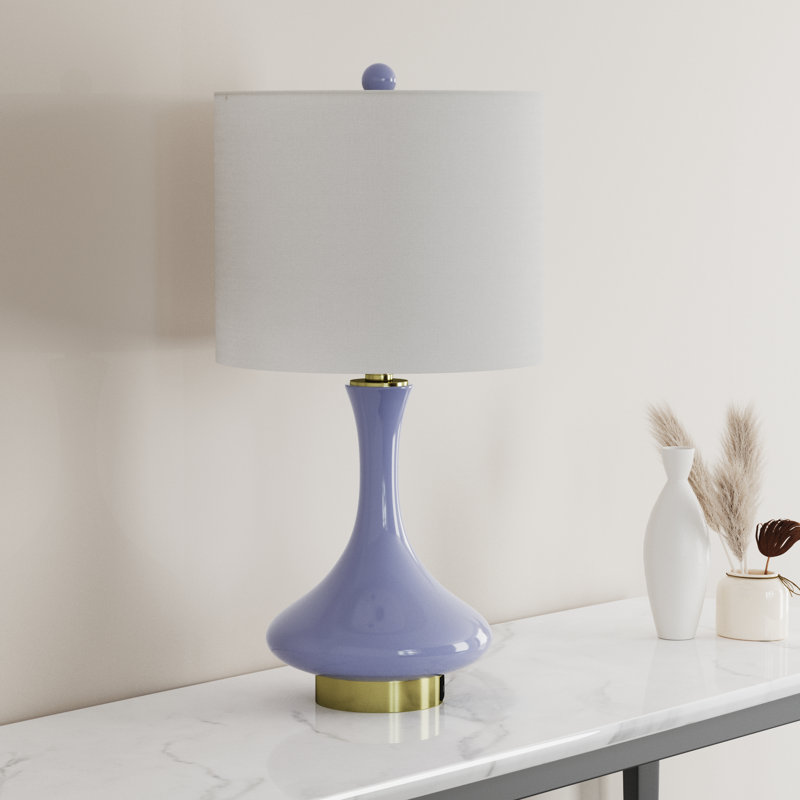 23.5" Puple Ceramic Table Lamp with USB & Type-C Ports and Pre-Assembled White Linen Shade, Purple