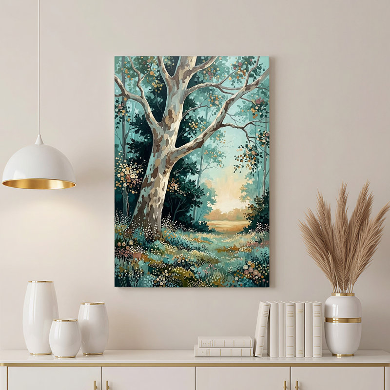 Art mural sur toile «Mottled Tree in Teal Forest with Distant Lake», 40"H x 28"W