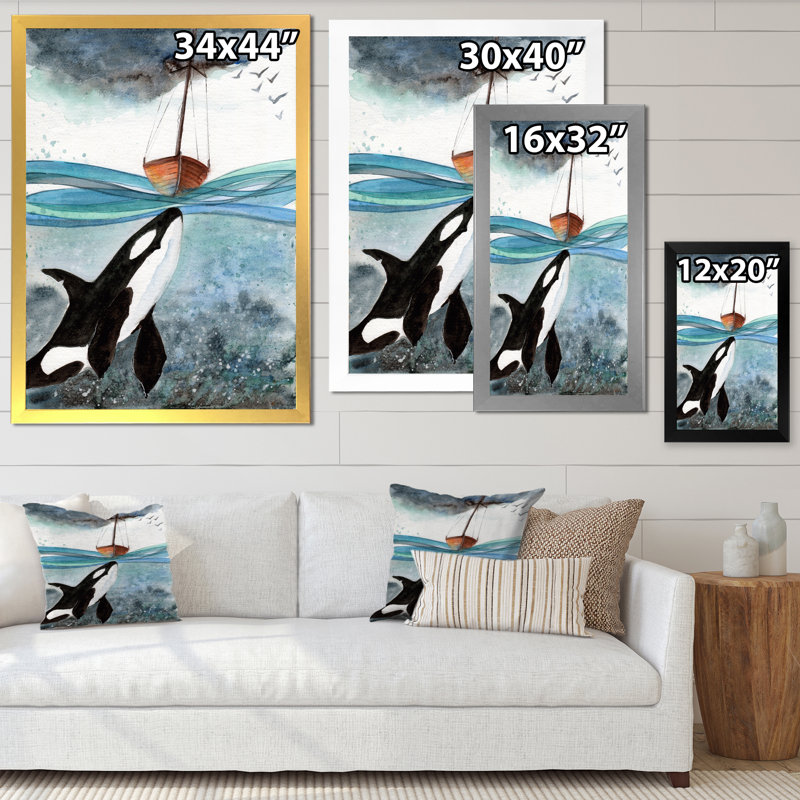 Orque dans la mer bleue - Peinture sur toile, H 40 po x l 30 po, Cadre photo argenté