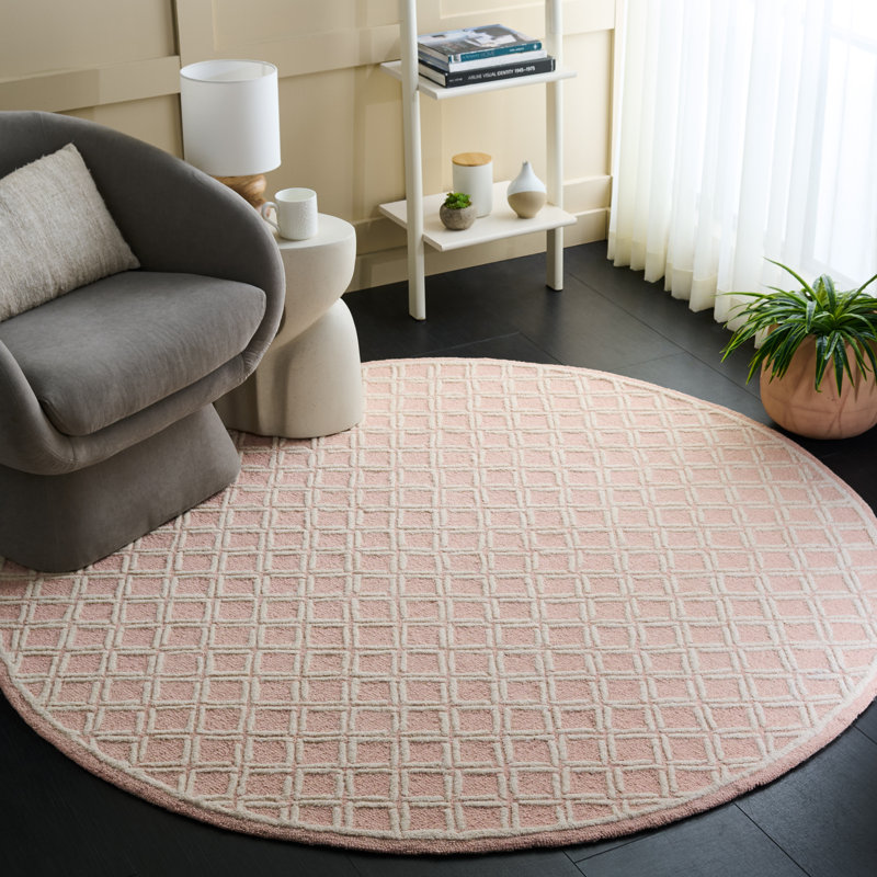 Genre 350 Hand Tufted Wool/Cotton Geometric Rug in Pink/Ivory, Round 6'