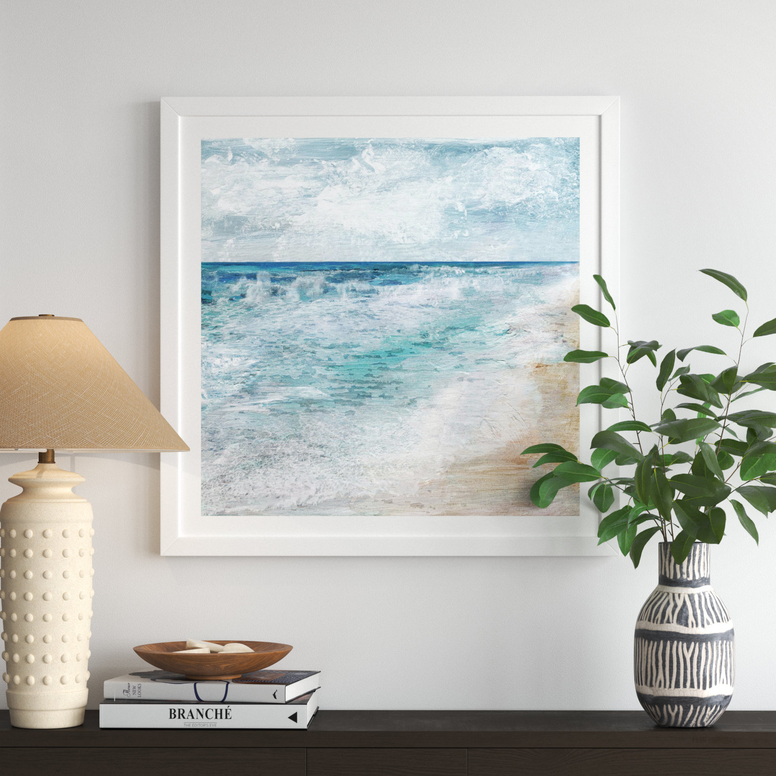 Shore Walk - Picture Frame Painting, 33.5" H x 33.5" W x 1.25" D, Matte White