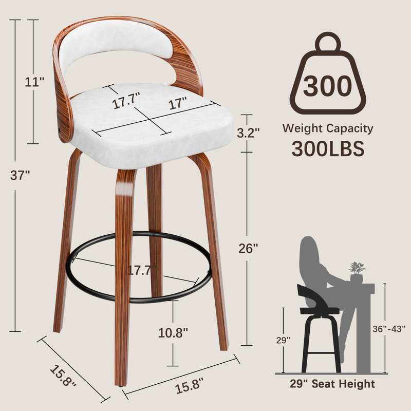 29.2'' Swivel Solid Wood Bar Stools, White, 1