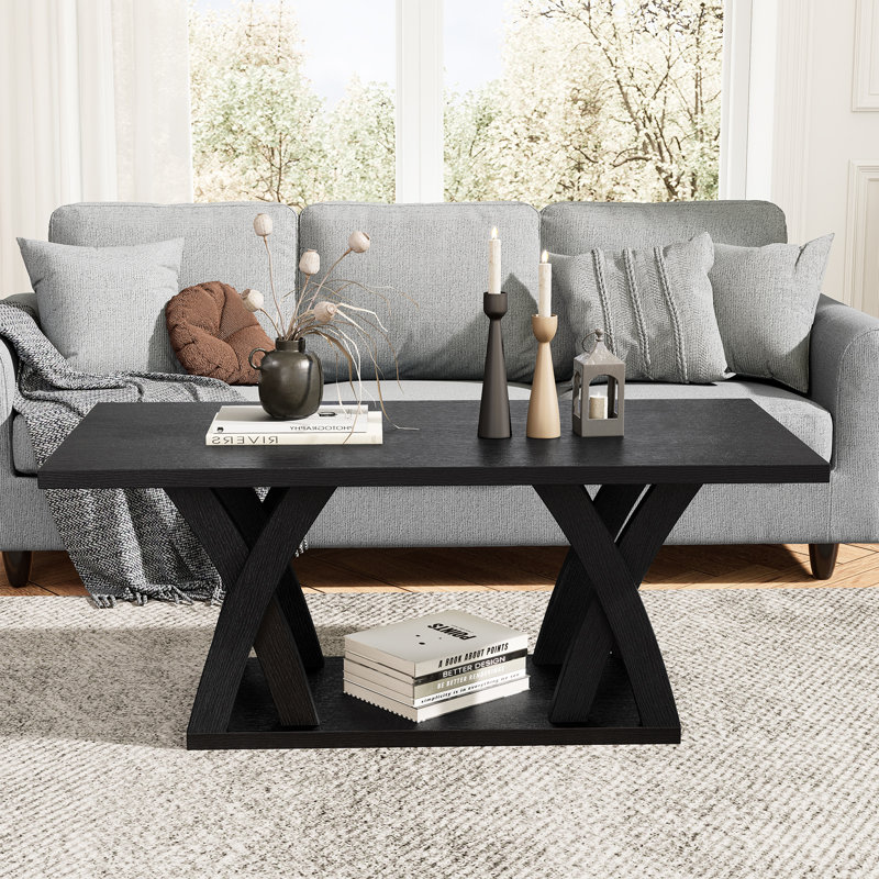 Table basse 47,24 "à 2 niveaux avec rangement pour salon, Noir, noir, noir, noir