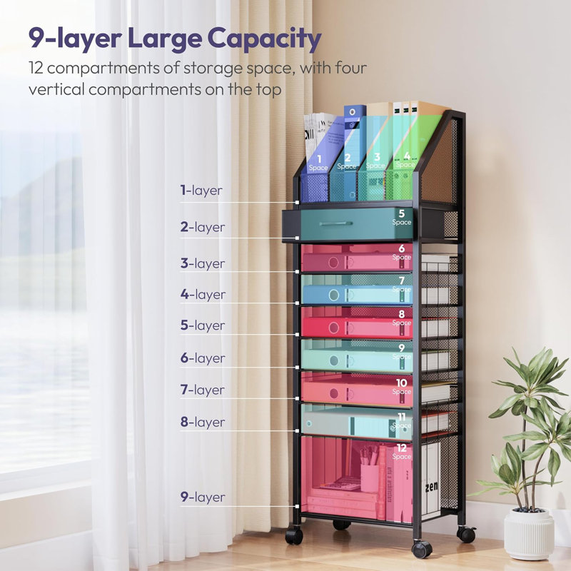 Chariot-classeur roulant à 9 niveaux, organisateur de papier avec tiroir et plateaux, organisateur de bureau en bois, rangement de bureau et classeur pour espace de travail, maison, école