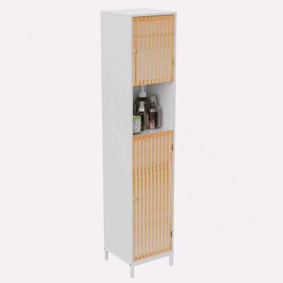 Bathroom Tall Storage Cabinet With Bamboo Slats Door