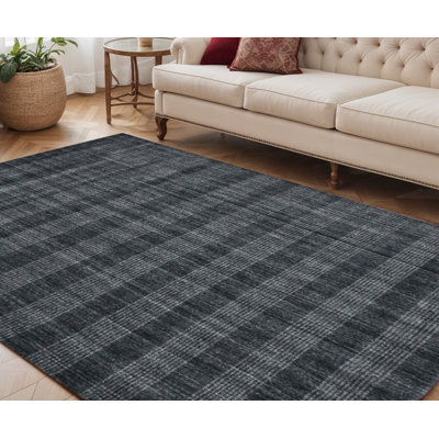 Tapis gris anthracite et écossais en laine tissé à la main 5 pi x 8 pi