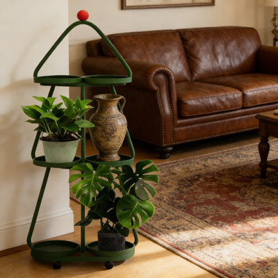 Support de plante de Noël avec roues, support à fleurs en fer forgé à 3 niveaux pour balcon
