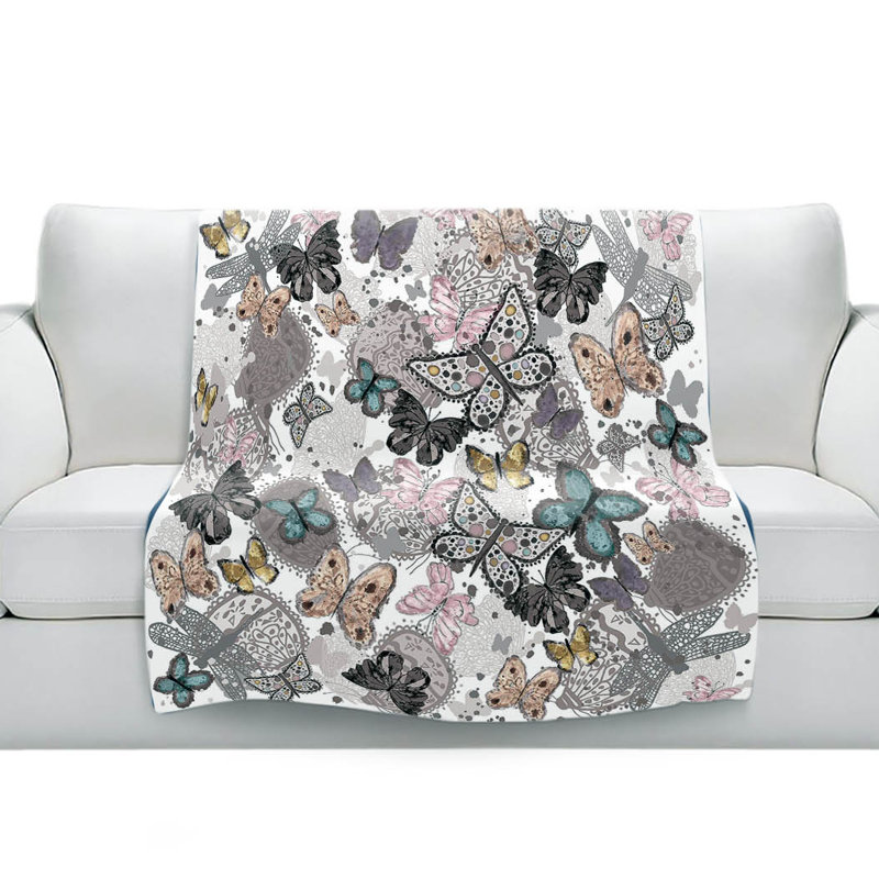 Couverture sherpa doux blanc pastel papillons, l 68 po x L 80 po