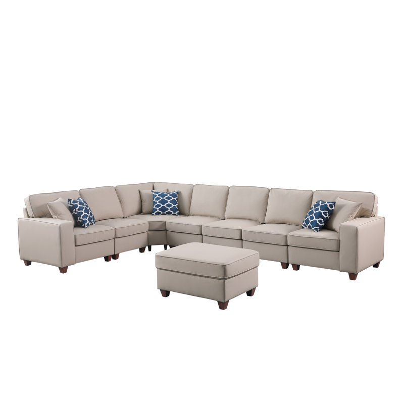 Shayle Artificial Leather Modular Sectional With Ottoman, Beige Faux Leather, 35"H x 151.25"W x 33.25"D