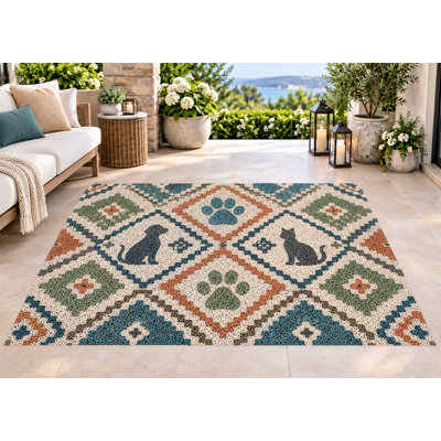 5' x 7' Outdoor Area Rug Pet Patchwork Paw Print Heavyweight Solid Waterproof PVC Coil Loop Carpet, Patio Rug, Quick Dry Outdoor Mat for Large Doormat Porch Deck Entryway Pet Supply & Grooming Salons 