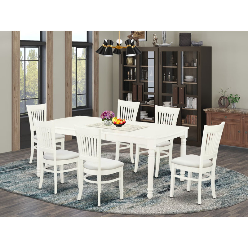 7 Piece Dining Room Table Set Consist of a Rectangle Kitchen Table with Butterfly Leaf and 6 Linen Fabric Upholstered Chairs, 42x78 Inch, Linen White