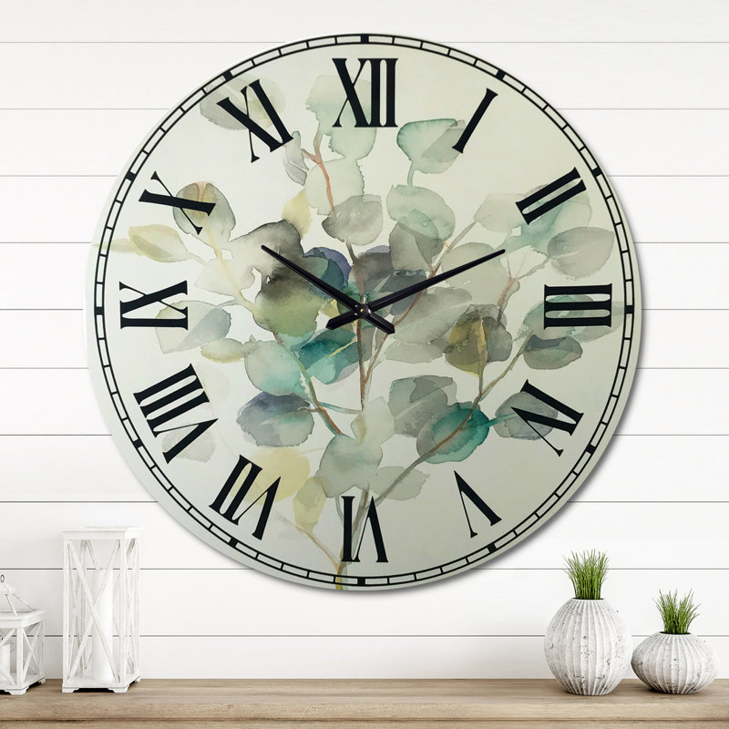 Eucalyptus feuilles I - Horloge murale traditionnelle, horloge murale en métal vert, Grand