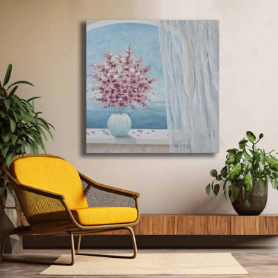 «Pink Blossom Vase By The Window», art mural sur toile
