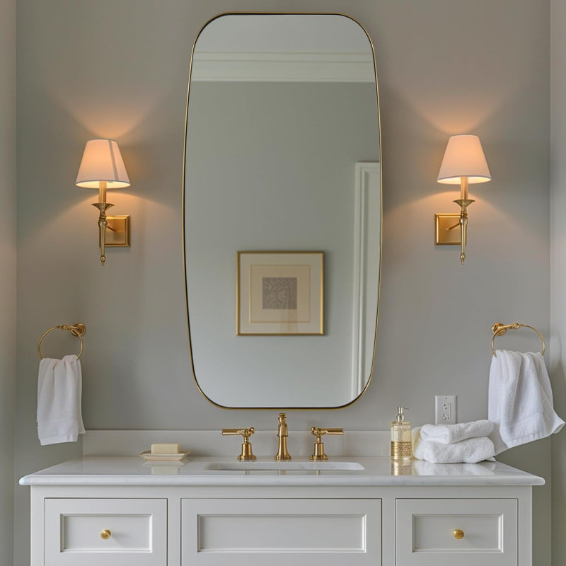 Modern Oblong Oval Bathroom Vanity Mirror | Stainless Steel Frame, Brushed Gold, 48" x 24"
