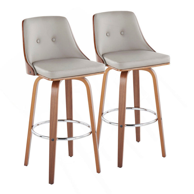 Gianna Mid-Century Modern Fixed-Height Barstool With Swivel In Walnut Wood And Light Grey Faux Leather With Round Chrome Metal Footrest By Lumisource - Set Of 2