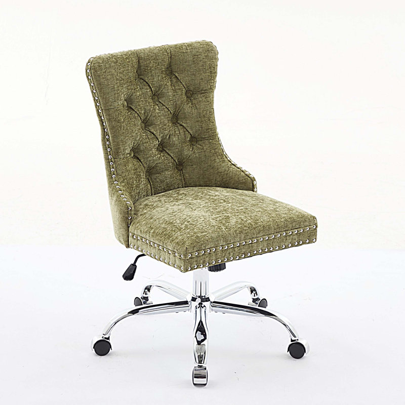 Modern Chenille Upholstered Tufted Button Home Office Chair, Adjustable Desk Chair Swivel Office Chair, Green