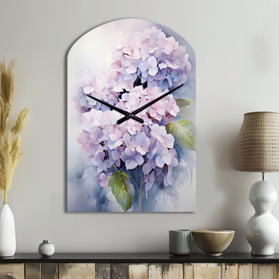 Horloge murale mauve, Hortensia mauve gracieux - horloge murale asymétrique