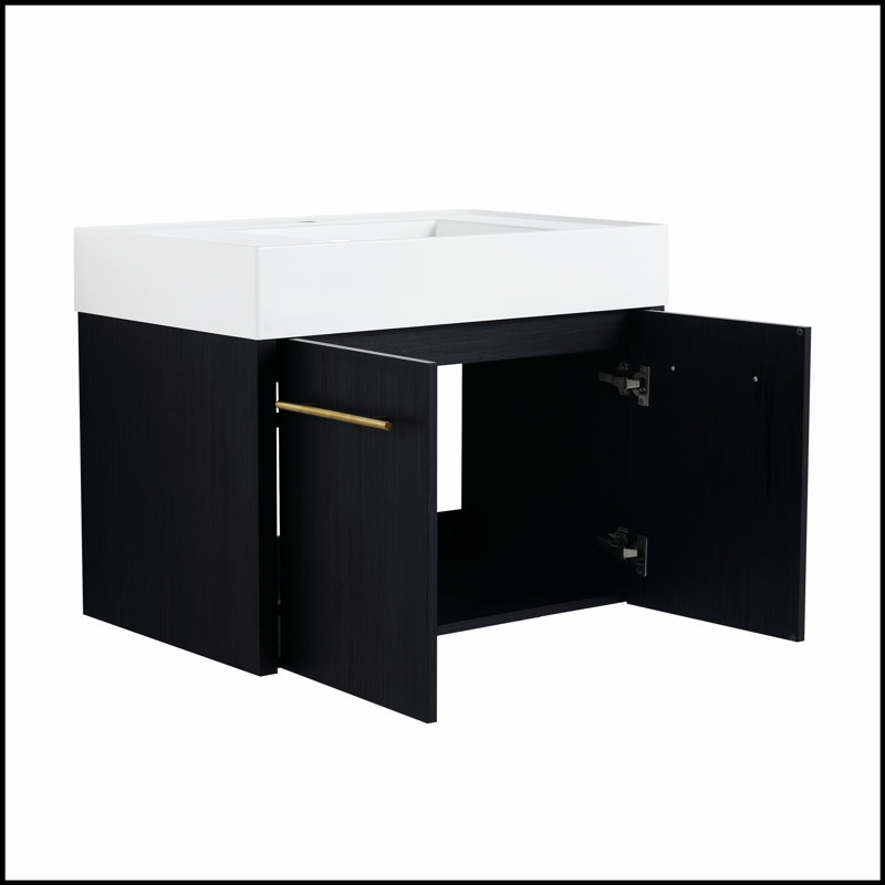 Meuble-lavabo mural de 30 po avec lavabo, lavabo en résine à rebords épais pour un rangement moderne et efficace