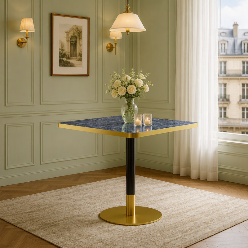 Table de salle à manger carrée moderne 31,5 po Tulip, H 29,53 po x l 31,5 po x P 31,5 po, Blue / Black, Pierre frittée