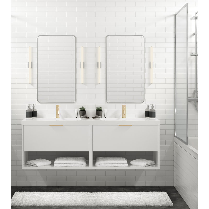 Modo 72" W Wall Mounted Double Bathroom Vanity, White Acrylic, Satin Brass, Matte White/8" Widespread