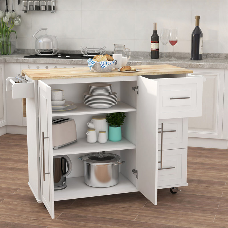 Îlot de cuisine polyvalent avec support à épices, porte-serviettes et plateau de table en bois massif extensible pour un espace de travail et de rangement amélioré