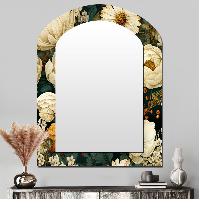 Motif de fleurs de chrysanthème Earthy Greens - Miroir mural décoratif asymétrique floral, 43 po x 33 po