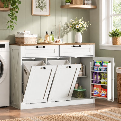 Meuble à linge basculant avec 2 paniers dissimulés, meuble de salle de bain avec étagères ouvertes, armoire à ordures en bois dissimulée avec 2 tiroirs
