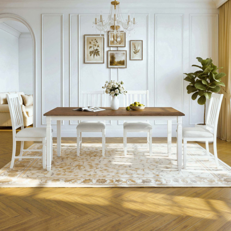 Ensemble de table de salle à manger extensible 5 pièces pour 4 personnes, table de placage en chêne de style campagnard et 4 chaises à dossier en lattes rembourrées, ensemble de salle à manger à structure compacte en bois d'hévéa massif
