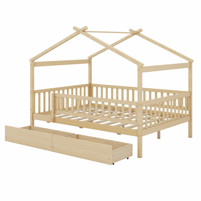 Lit en bois avec deux tiroirs, Naturel