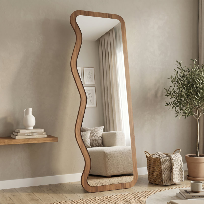 Miroir autoportant incurvé unique, Noyer