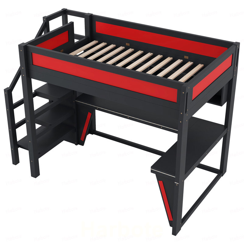 Lit mezzanine double avec bureau et garde-robe, cadre de lit mezzanine avec DEL, USB intégré, Garde-corps rouge