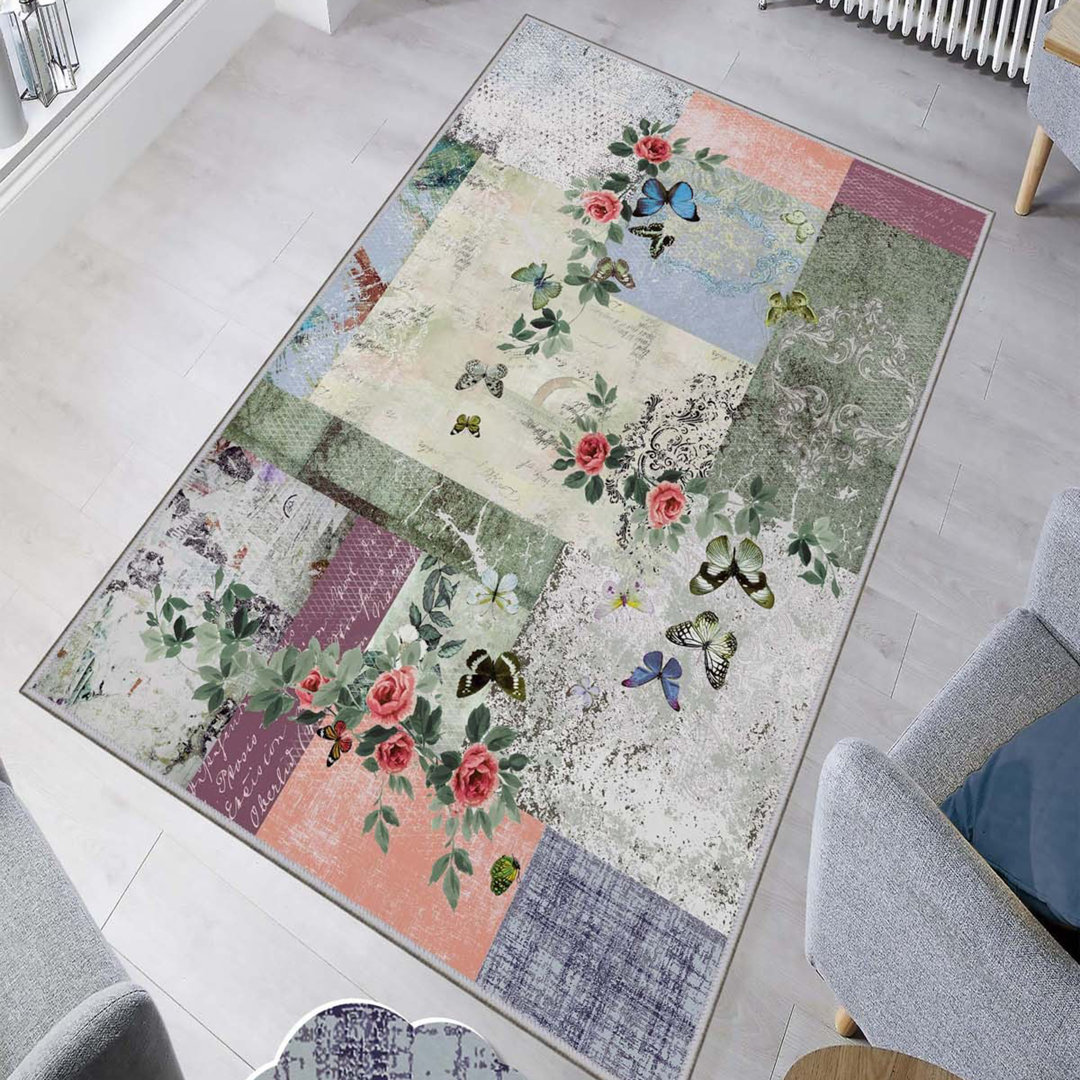 Ransdell Floral Machine Woven Polyester Area Rug in Pink/Gray/Blue East Urban Home Rug
