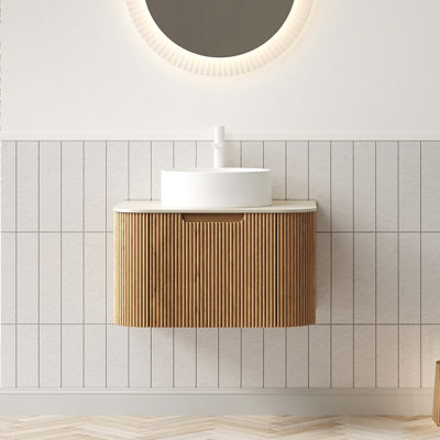 Meuble-lavabo de 24 po avec lavabo, armoire de rangement en contreplaqué rayé à bord arrondi avec tiroir, cuve en céramique ronde et plateau en pierre frittée, pré-assemblé