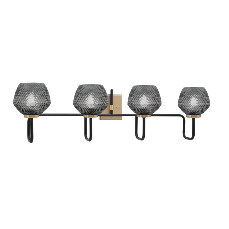 Barre d'éclairage de salle de bain 4 lumières Amarmula, noir mat et laiton vieilli, verre texturé fumé 6 po, Transparent/noir