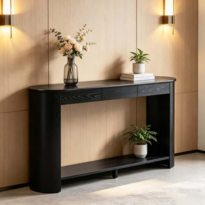 Console ovale avec 3 tiroirs et tablette de rangement inférieure, canapé d'entrée en placage de chêne