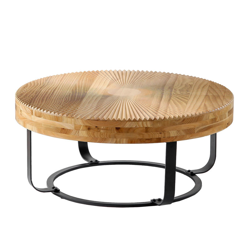 Modern Round Coffee Table Wooden Carving Pattern Coffee Table With Metal Legs For Living Room Reception Room Office ,Black