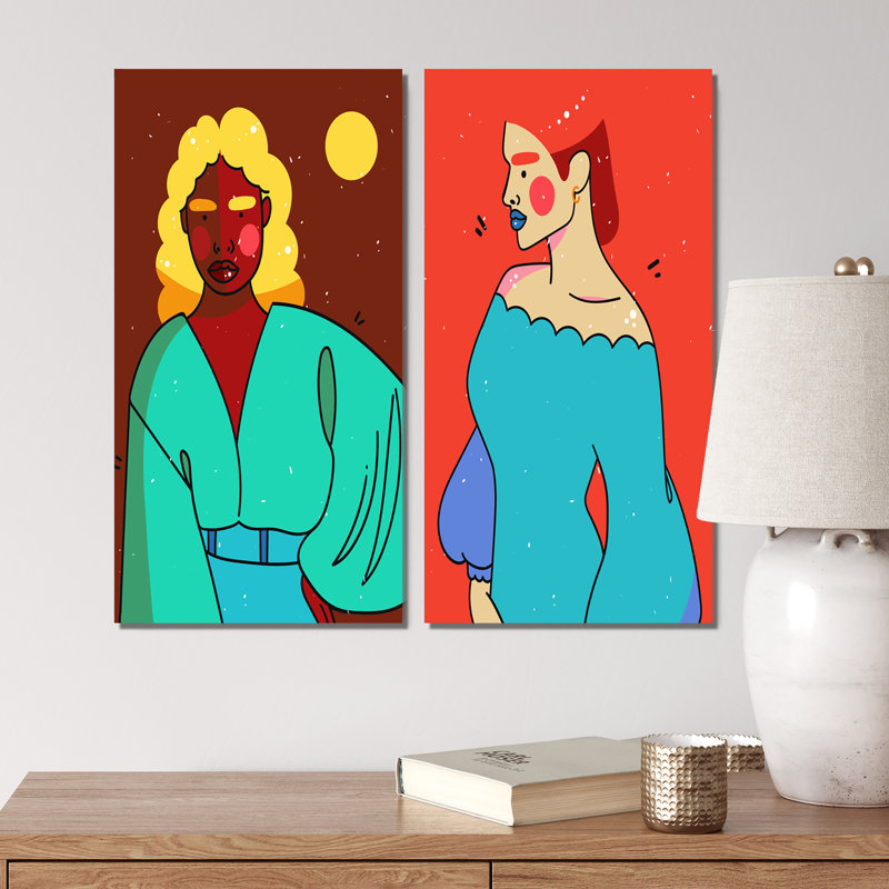 «Retro Woman Portrait Minimalistic Pop», ensemble de 2 impressions, Toile tendue, H 32 po x l 32 po x P 1 po
