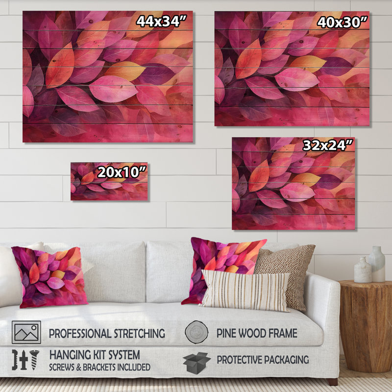 «Magenta Leaves Blossom I», art mural sur bois de feuilles, sur bois de pin naturel, H 24 po x l 32 po