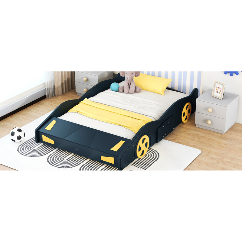 Lit plateforme pour voiture de course double - bleu foncé et jaune avec rangement solide et fabrication en bois massif