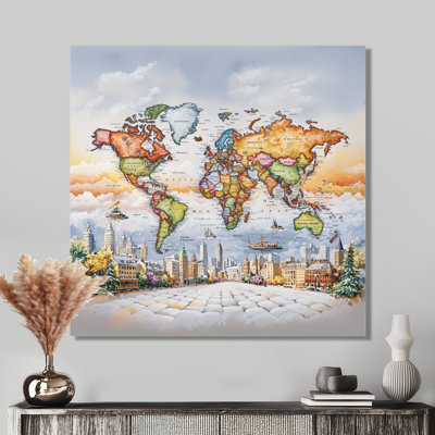 Map Of The World With Monuments - Modern Metal Wall Art, World Map Metal Print