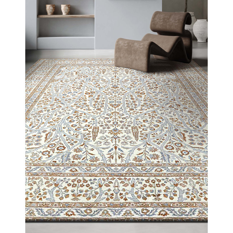 Hand Knotted Wool Area Rug in Beige, Rectangle 5' x 8'