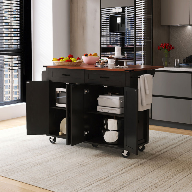 53.5'' Wood Farmhouse Kitchen Island With Power Outlet, Black