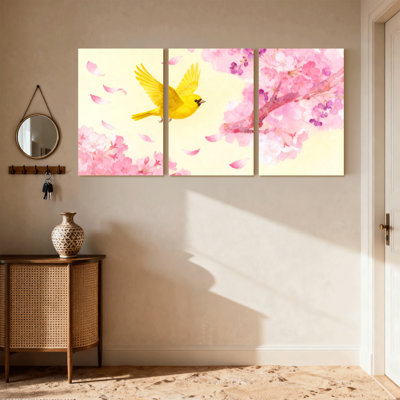 Oiseaux, oiseaux jaunes, fleurs roses, ensemble de 3 impressions sur toile