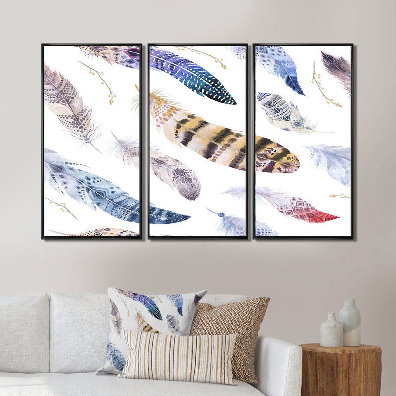 «Twirling Colorful Boho Feathers IV», reproduction sur toile flottante 3 pièces, Cadre noir, H 28 po x l 36 po x P 1 po